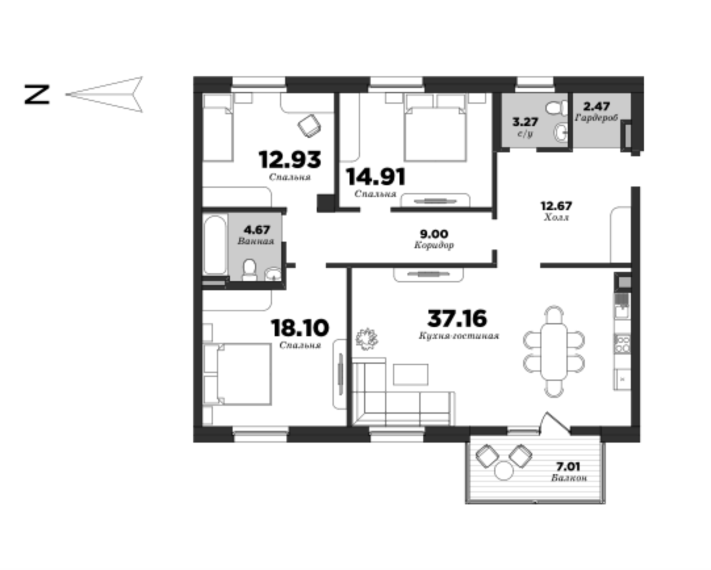 NEVA HAUS, Корпус 1, 3 спальни, 118.69 м² | планировка элитных квартир Санкт-Петербурга | М16